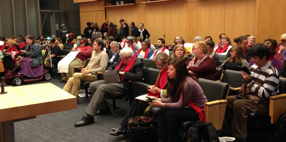  Supporters of SHSC's Budget Recommendation Package wear red scarves signifying their support.&nbsp; 