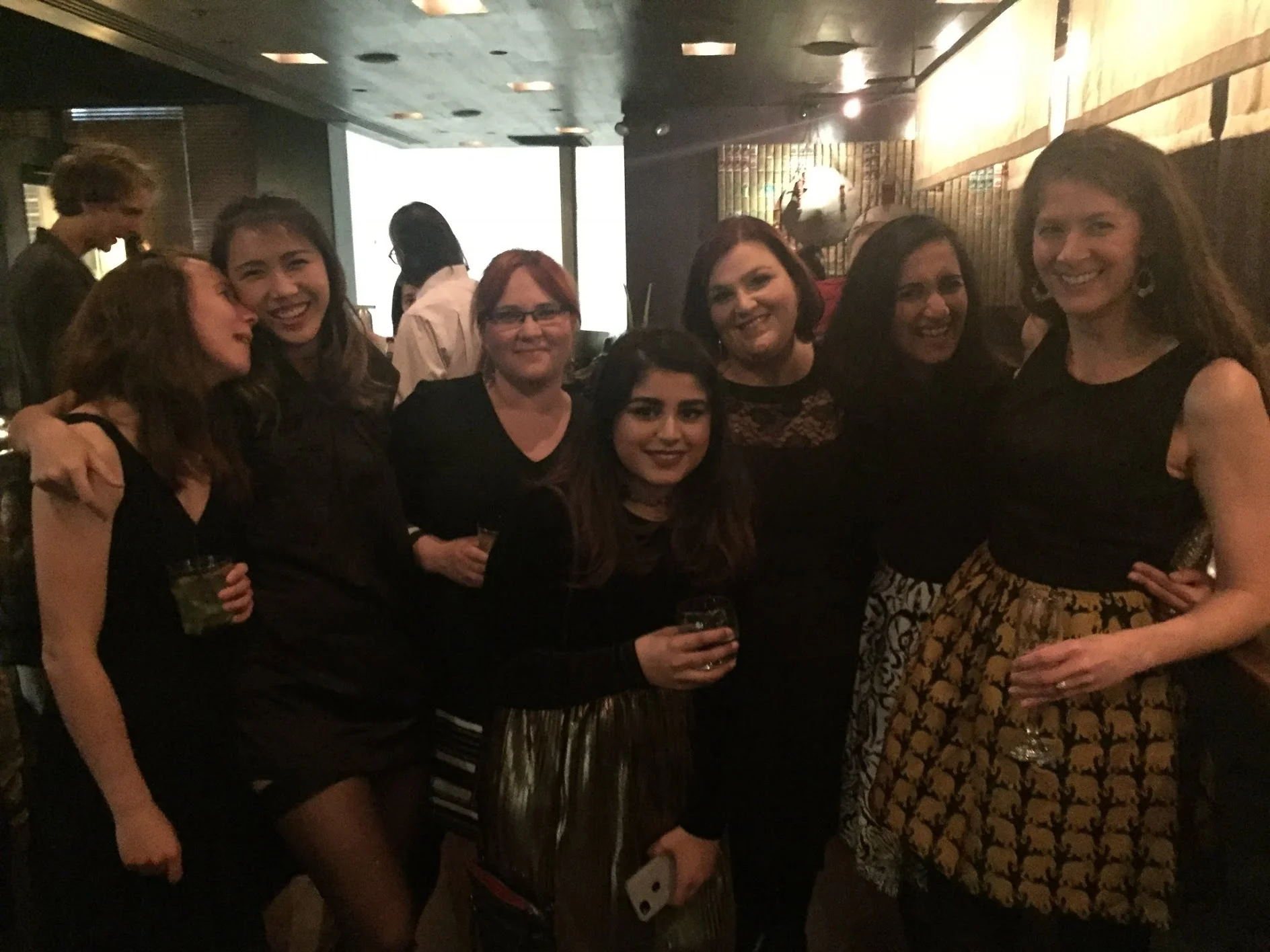 Feeling the holiday cheer (left to right) Tanya Schild, Vivien Low, Didem Ilter, Tasnia Islam, Ana Gomes, Kripa Ganesh, Bethany Shaffer December 2017