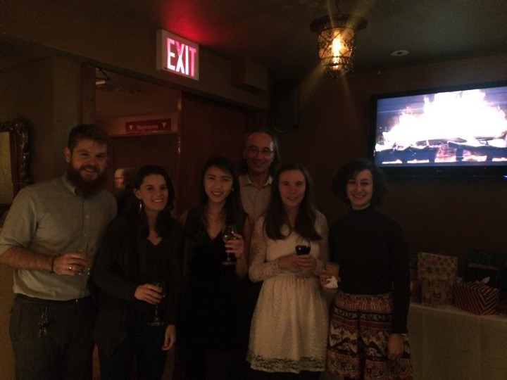  John and all his students at the Christmas Party  (left to right) Tyler Thompson, Gwen Buel, Vivien Low, John Blenis, Tanya Schild, Joana Nunes  December 2015 
