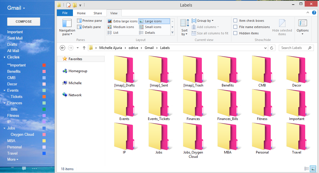All of my Gmail labels (seen on the left) are mirrored in my Gmail labels within odrive (seen on the right).