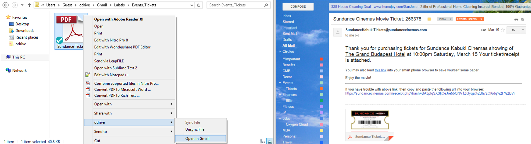 To get more context into a Gmail attachment, right-click and select "Open in Gmail" from the odrive menu.
