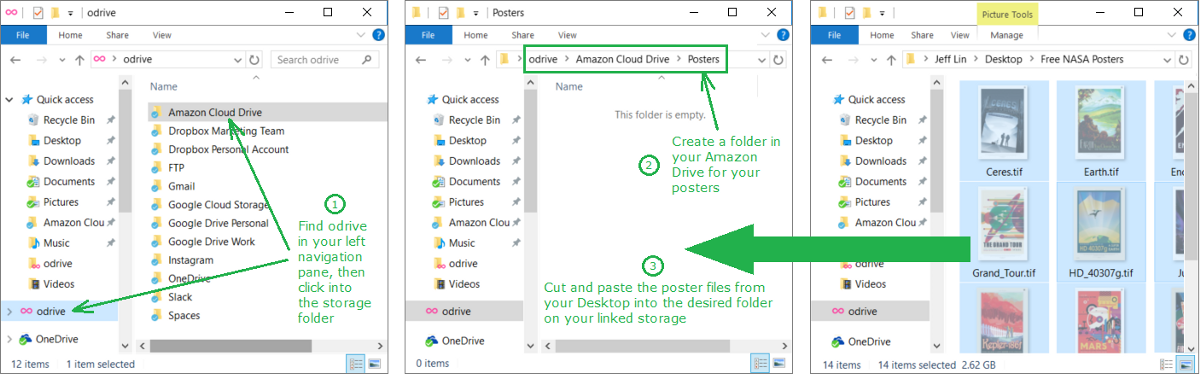 Move your files into your linked storage through the odrive folder. They will now synchronize automatically with your cloud storage.