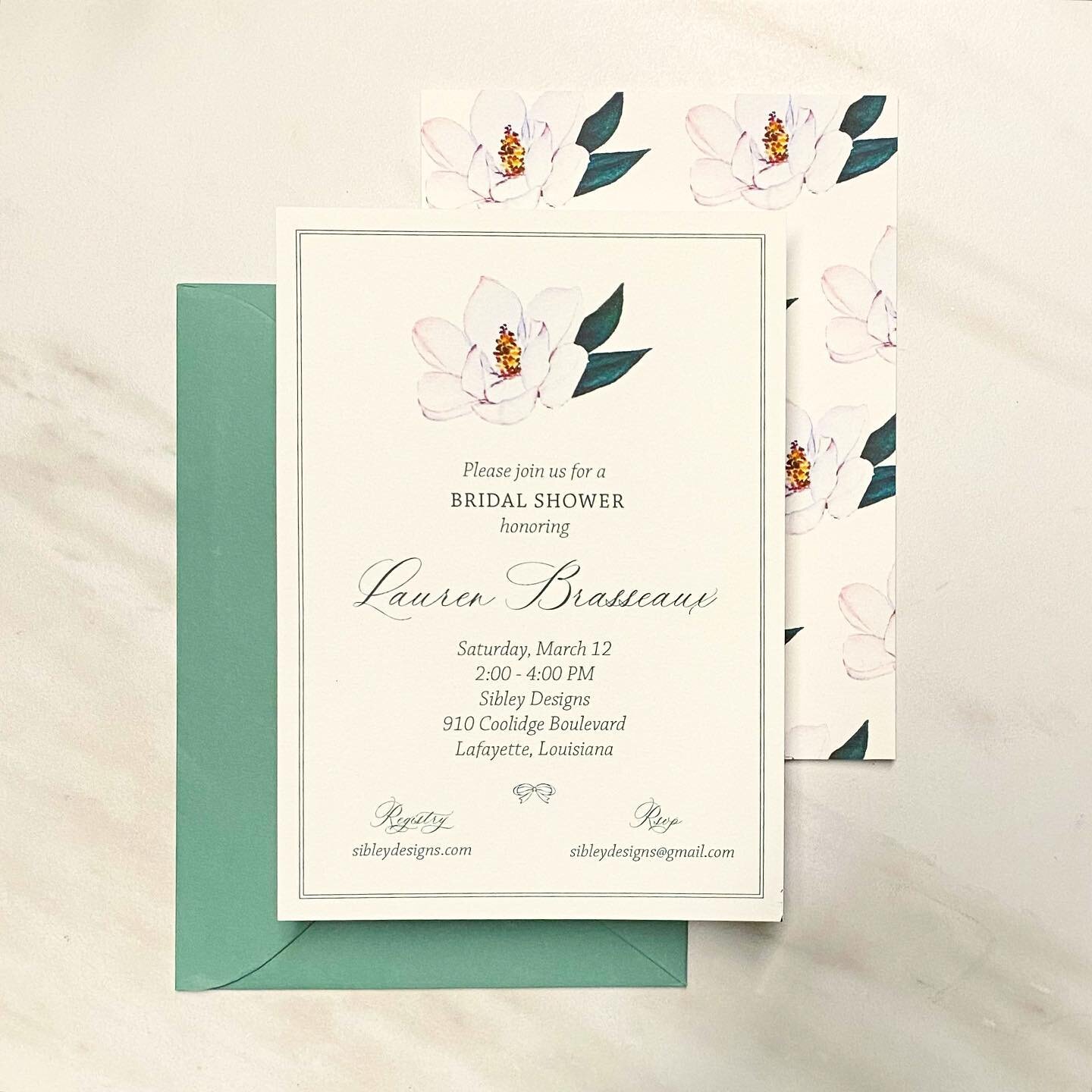 The small magnolia invitation is simply sweet! Use this design for showers, luncheons, birthdays and even engagement parties 🤍 And you know I have tags and thank you notes ready to go as well ✔️ #sibleydesigns