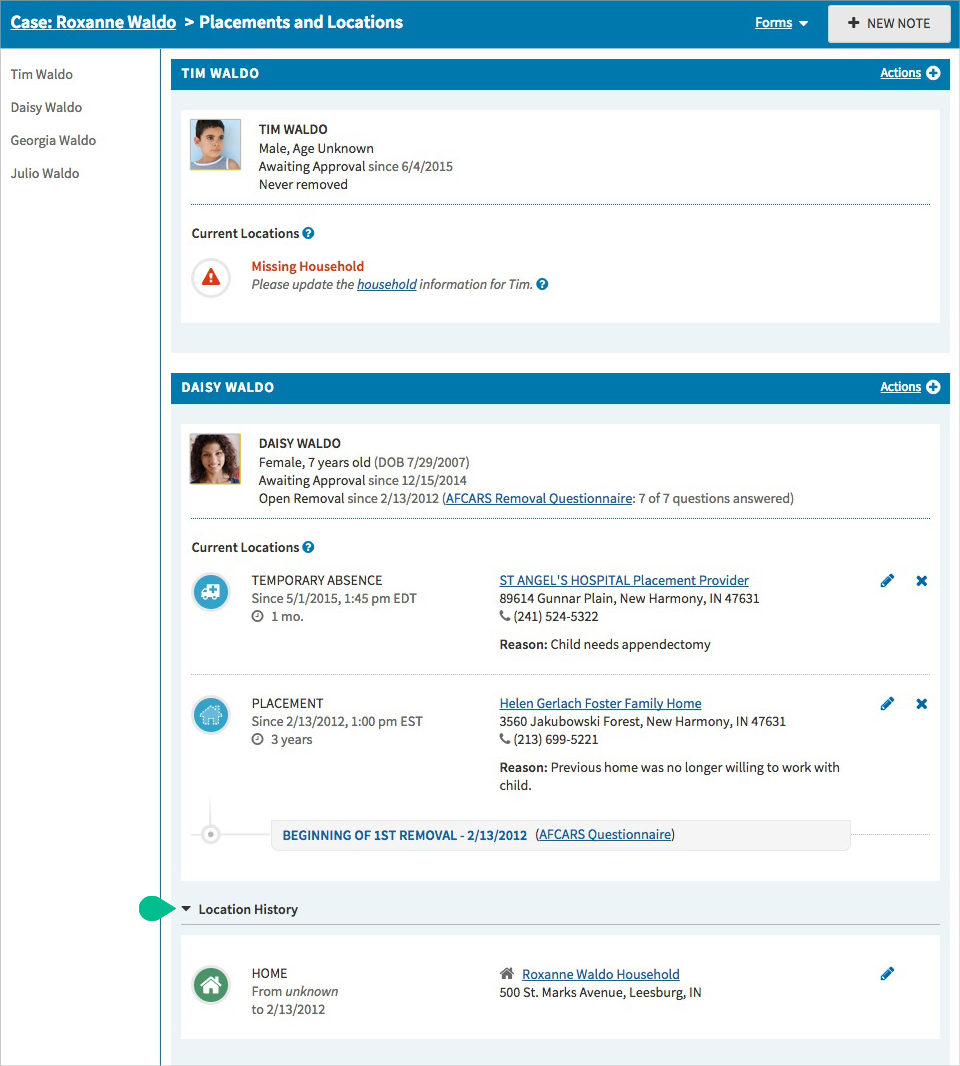   A click away, the new timeline-inspired Placements and Locations History gives a much more visually representative view of each child's experience while in state care than the previous interface.&nbsp;  