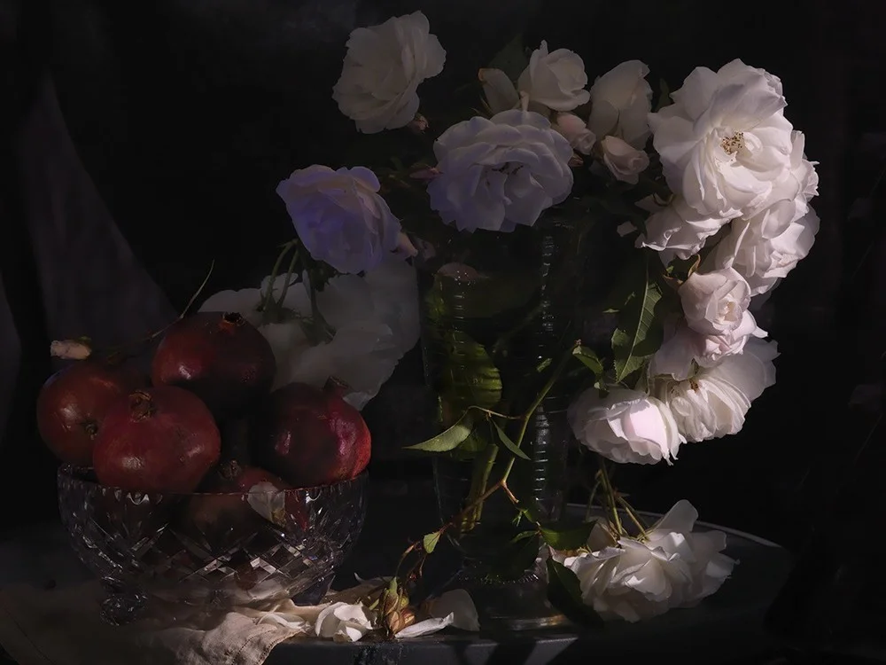 Still Life with Wild White Roses, Photographic Beaker and Pomegranates, 2013