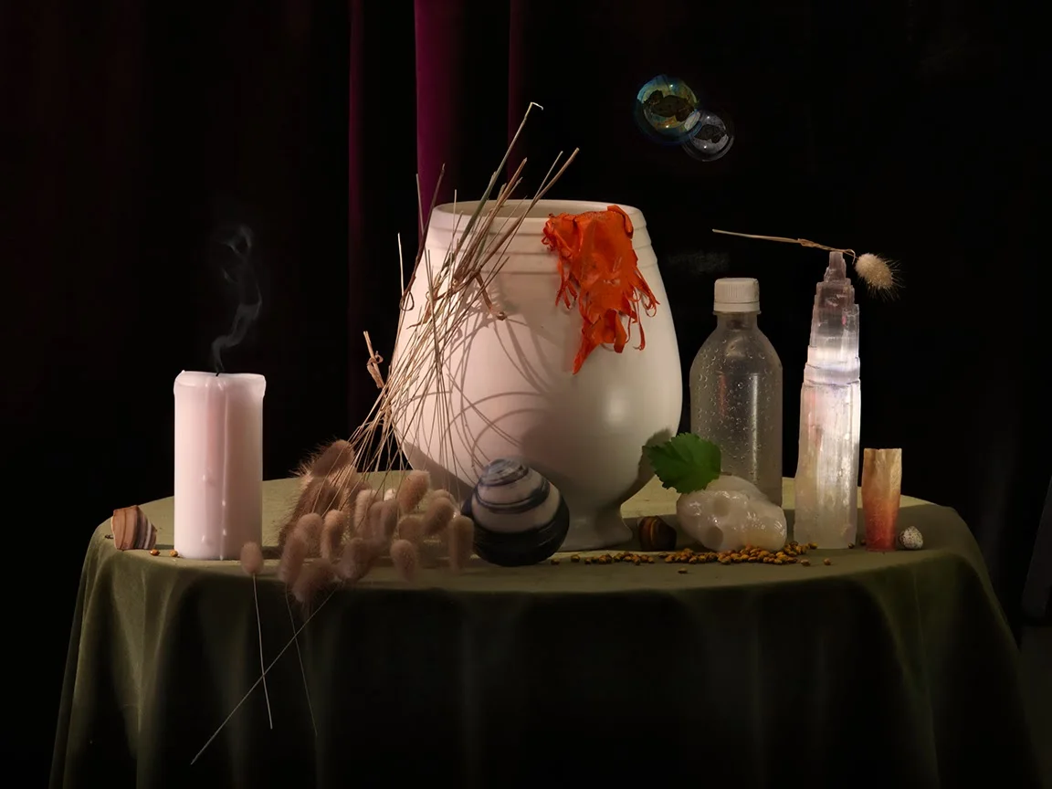 Still Life with Burst Balloon, Snuffed Candle and Calcite, Ripiro 2013