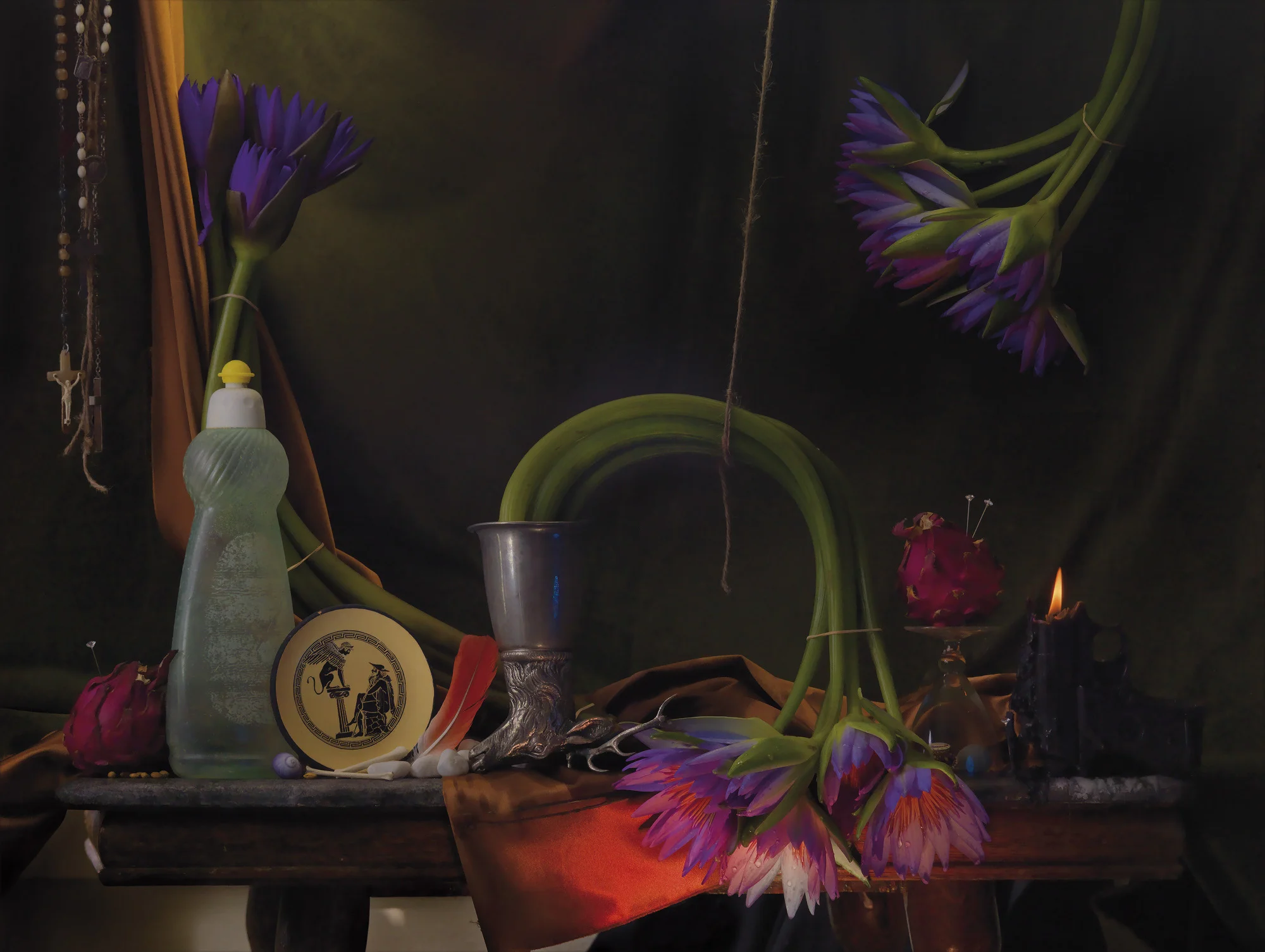 Fiona Pardington Still Life with Waterlilies, Dragon Fruit and Sphinx, Ripiro 2014 pigment inks on Hahnemuhle Photo Rag size variable