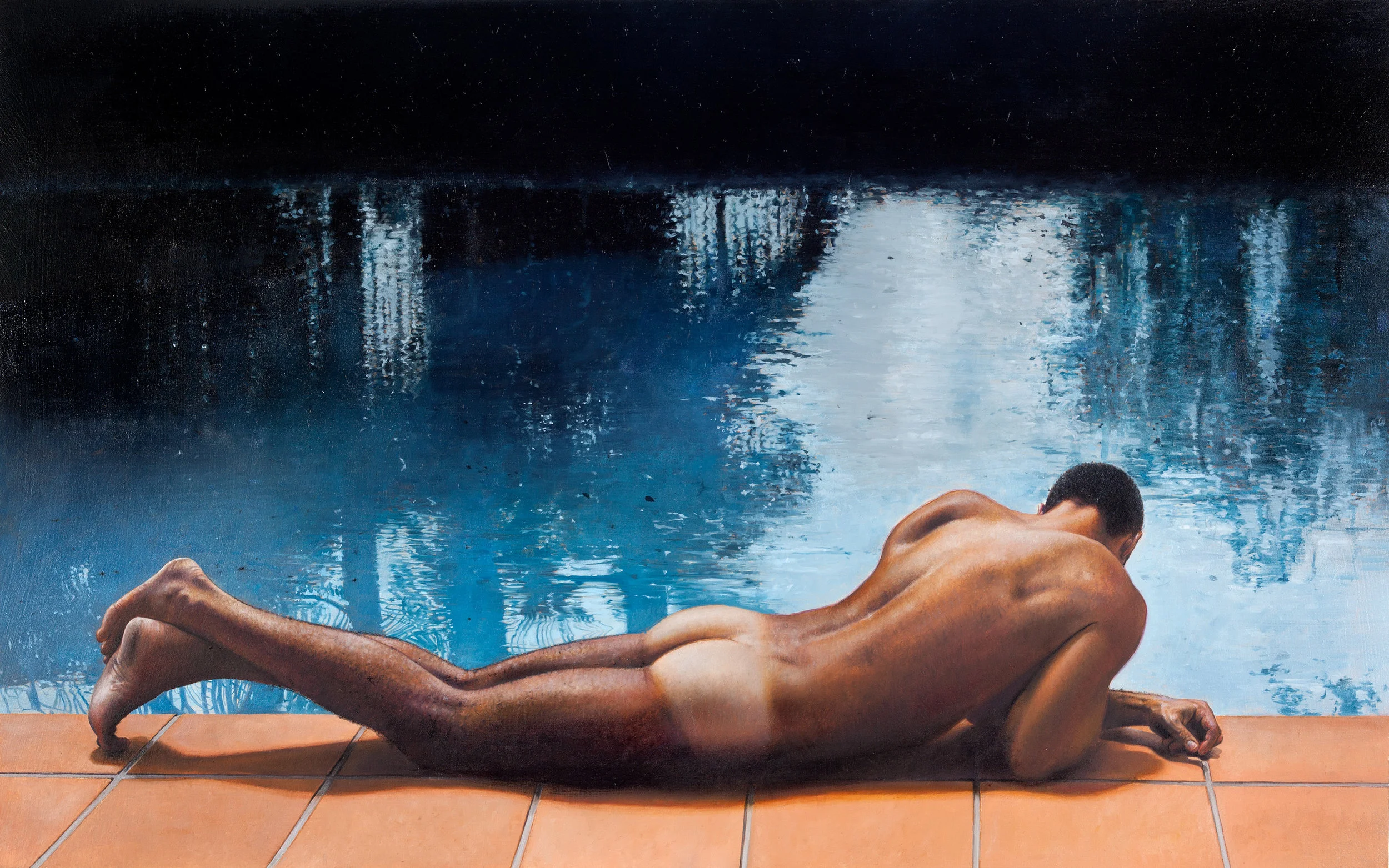 Michael Zavros, Sunbather , 2017, oil on aluminium, 400 x 200 mm