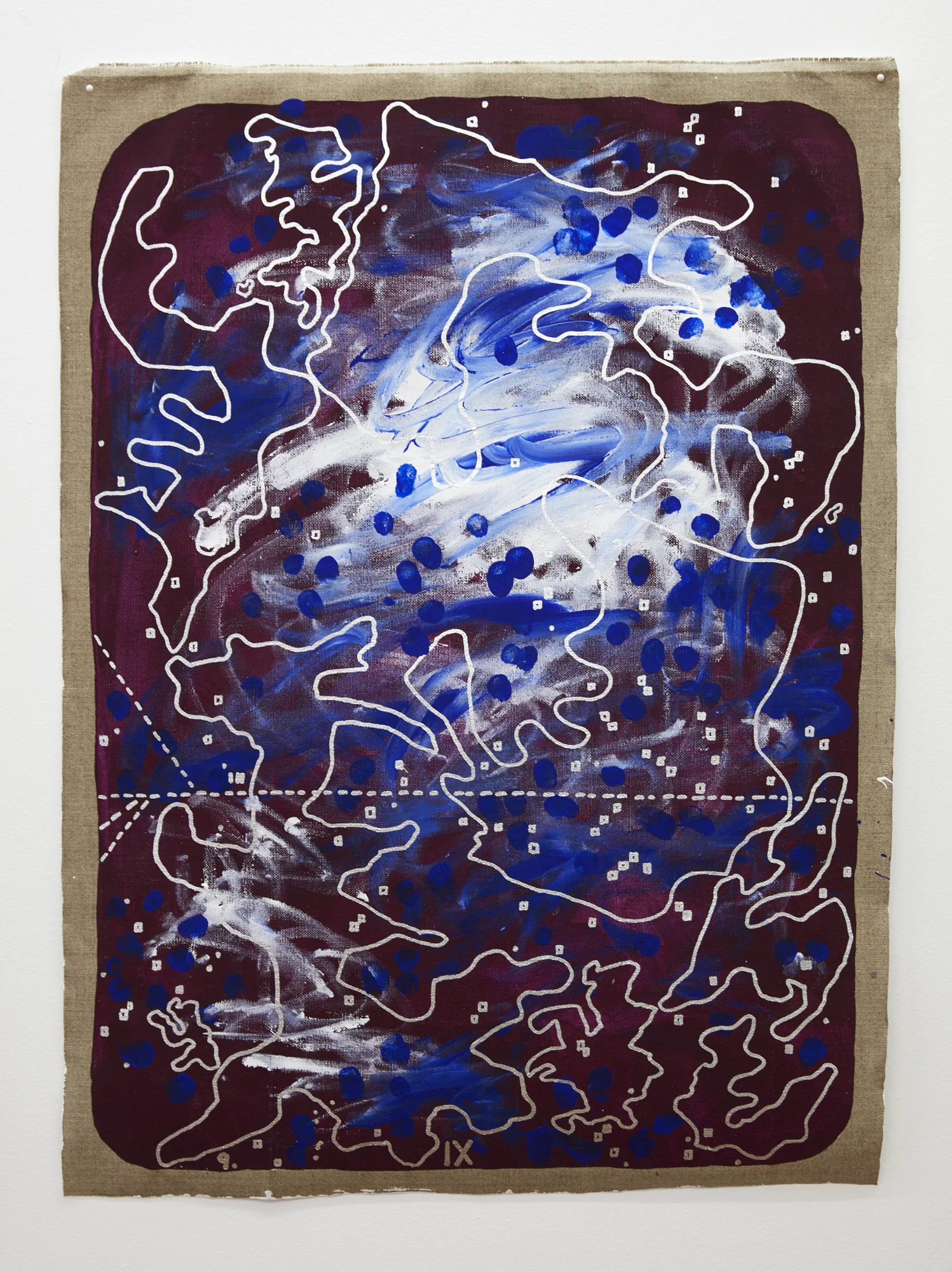 John Reynolds, RocksInTheSky...IX 2017, oil paint marker on acrylic on linen, 800 x 580 mm