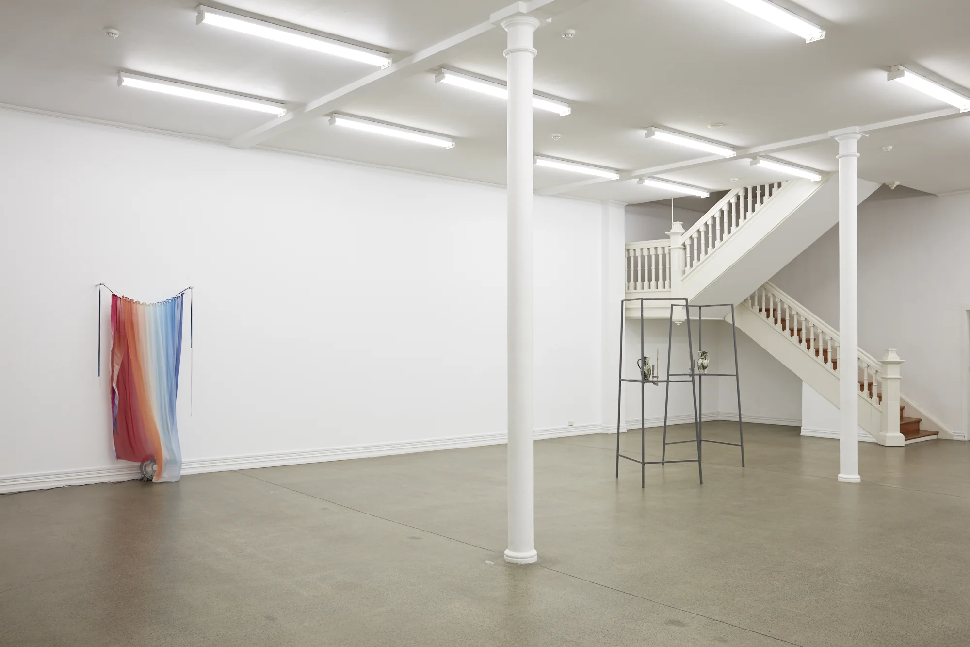 Alicia Frankovich, The Female has Undergone Several Manifestations: Lebenspartnerschaft, Alex Martinis Roe and Alicia Frankovich , 26 February, 2016. Fabric, fan, ribbon, wood (left) and Estate of L Budd with Martin Popplewell (right)