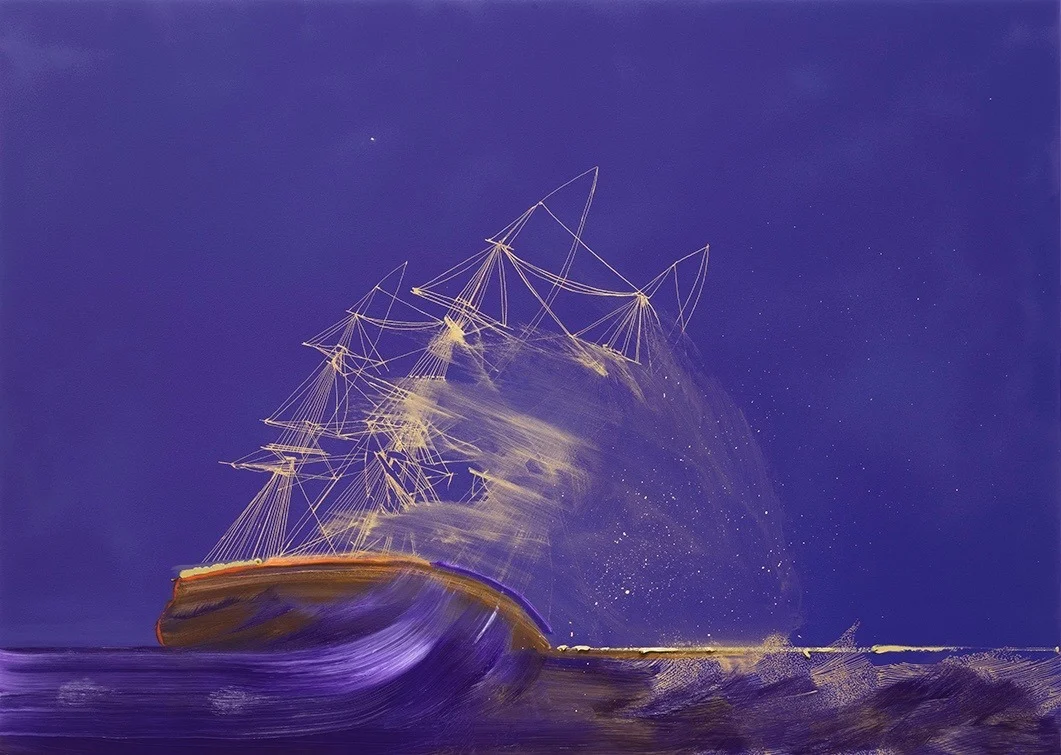 Whitney Bedford, The Approach (Towards New Bedford) , 2018, ink and oil on panel, 30 x 42 inches. Photo Evan Bedford