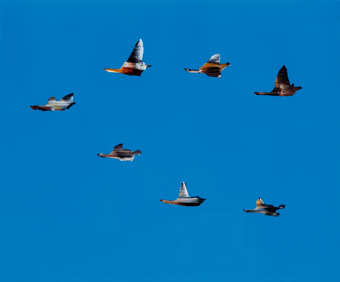 Whitney Bedford, The Blue Birds (For Jack) , 2017, ink and oil on panel, 15 x 18 inches. Photo Evan Bedford