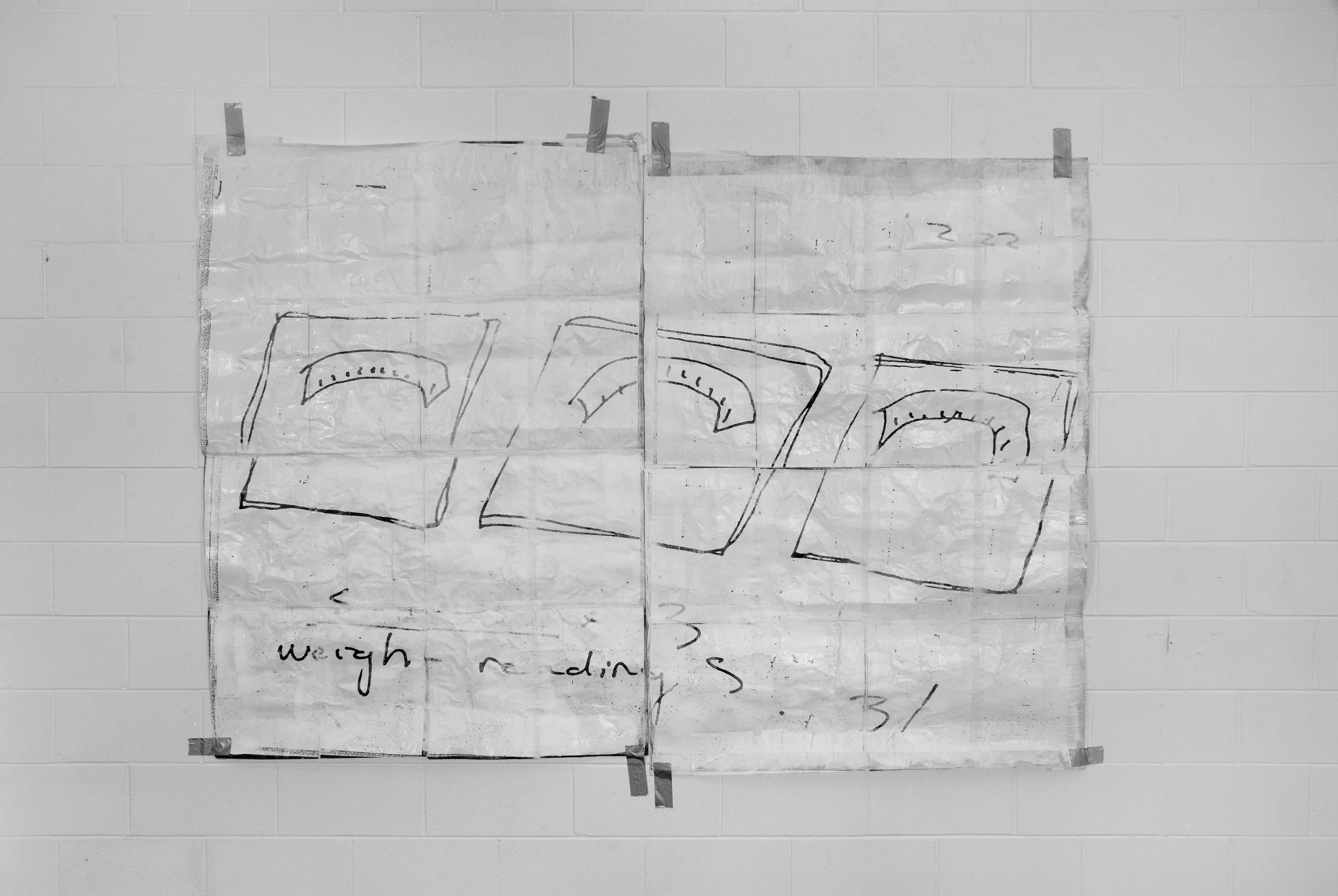 Xd50837.4003 untitled (weight readings) / signed (signature obscured) / xerox, acrylic paint, in two sections / exhibited in New Zeland