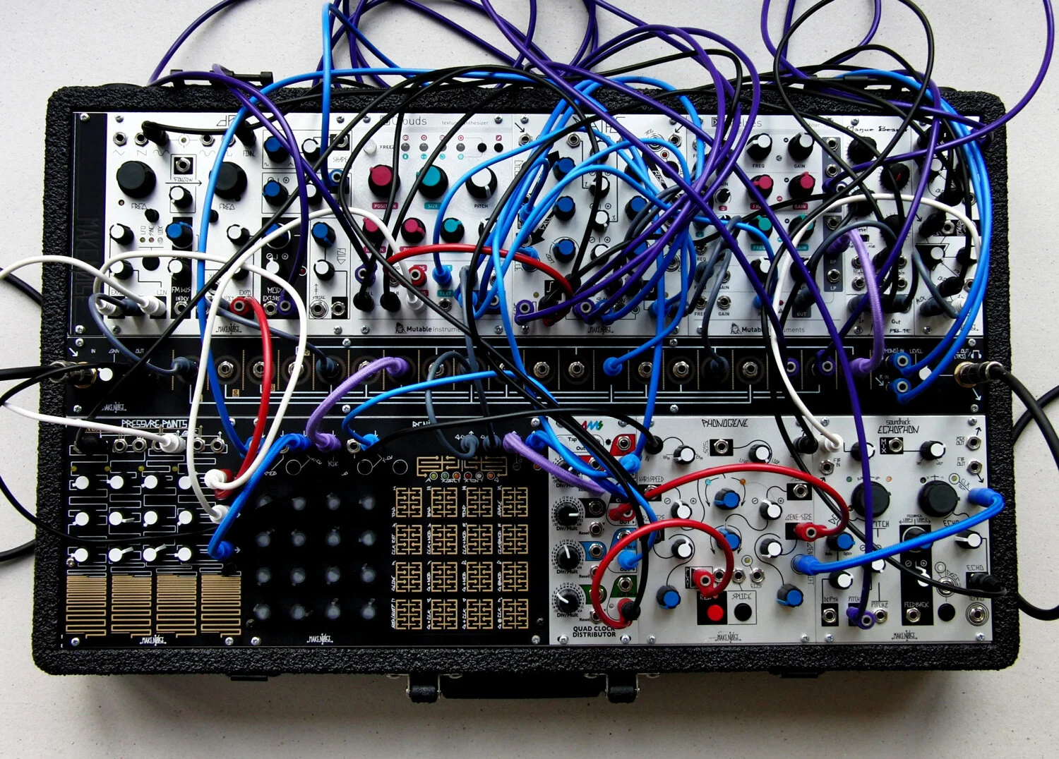 Clinton Watkins, live modular synthersizer performance on small PA system at Starkwhite, 19 September 2019 (installation detail).