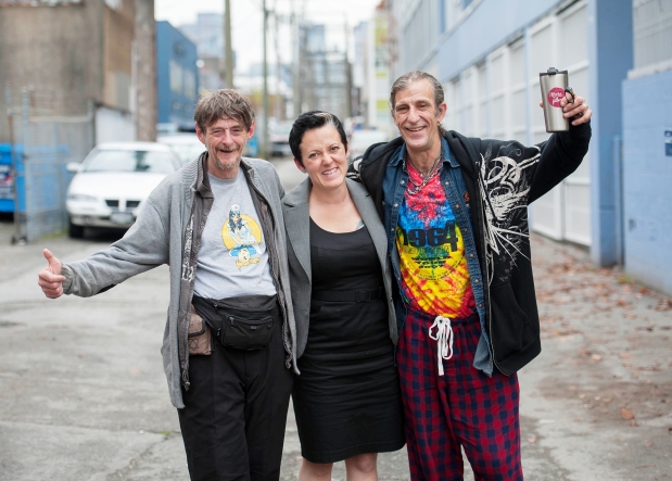 Harvey Clause (left), DJ Larkin of the Pivot Legal Society (middle) and Doug Smith following a B.C. Supreme Court decision that ruled people are allowed to sleep in public spaces during the night but must leave in the morning (Vancouver Sun article linked below).