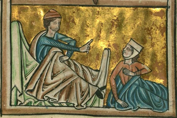 William, de Brailes, "Ruth Visits Boaz," 13th century manuscript
