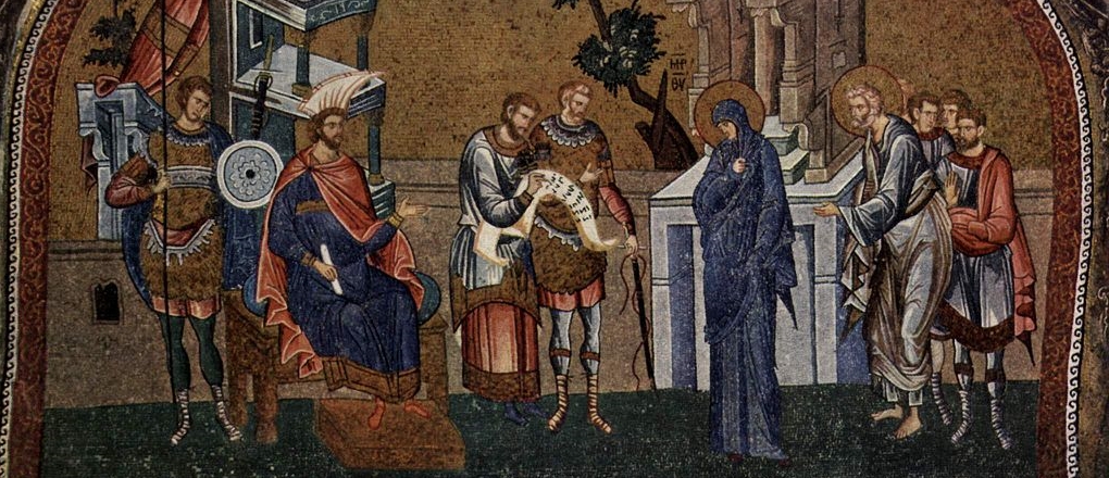 Mary and Joseph register for the census before Governor Quirinius. Byzantine mosaic at the Chora Church in Constantinople 1315–20.