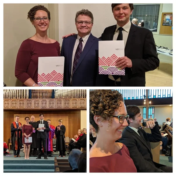 Rev. Ingrid and Rev. Ryan receiving the inaugural T.E.G. award at the Vancouver School of Theology Convocation ceremony Monday, along with Principal Richard Topping.