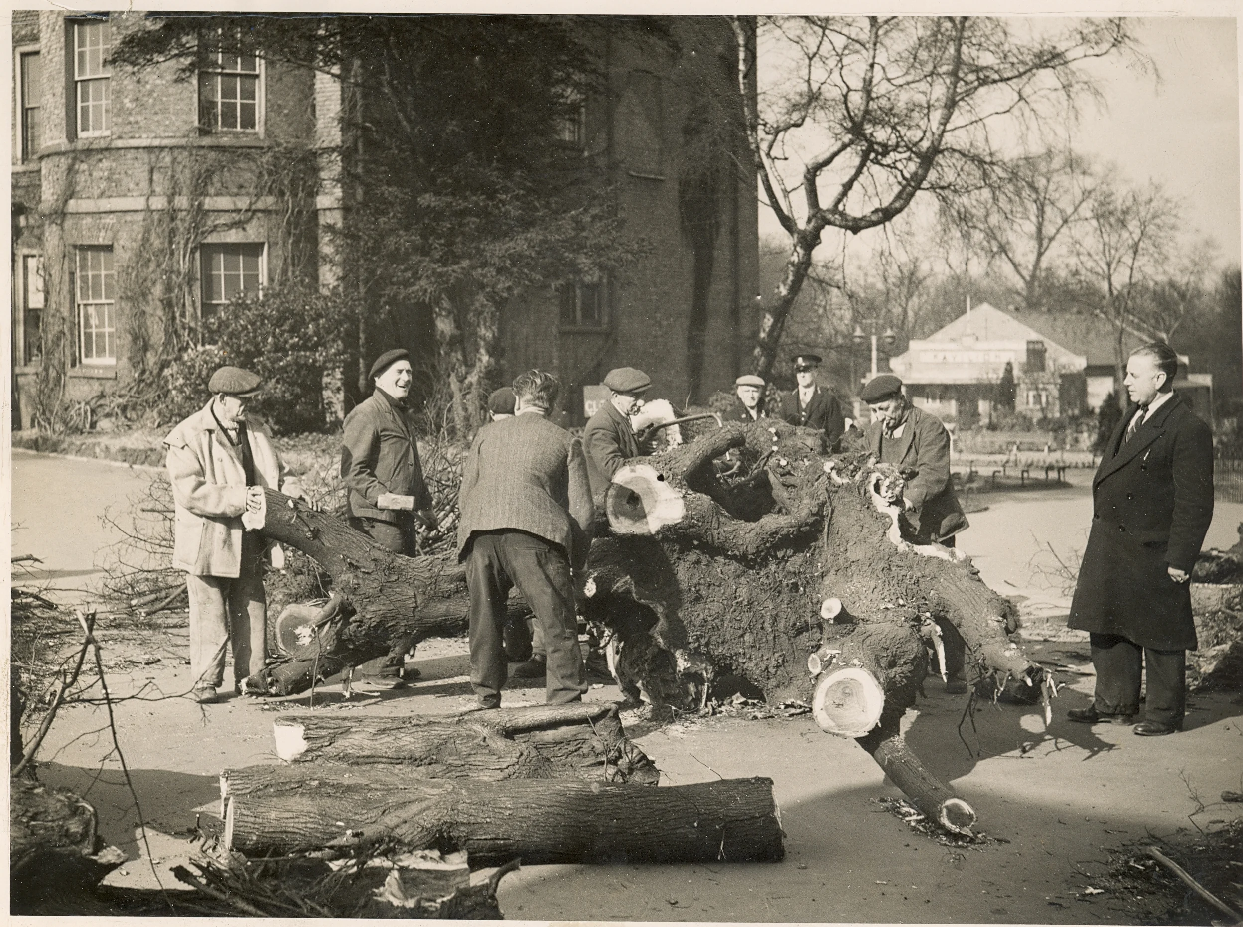 Whilst leading workshops for the Lloyd Park Heritage group in Walthamstow we re-anacted several pictures from the archive. This image was taken following gale-damage in 1949. You can see below a report from the time and our re-anactment for the 21st century: notice how the Health and Safety act has effected working conditions. Also, mixed gender and more multi-cultural working habits as well as a strict no-smoking policy have changed the workplace significantly in 65 years. IMAGE CREDIT: Vestry House Museum, London Borough of Waltham Forest