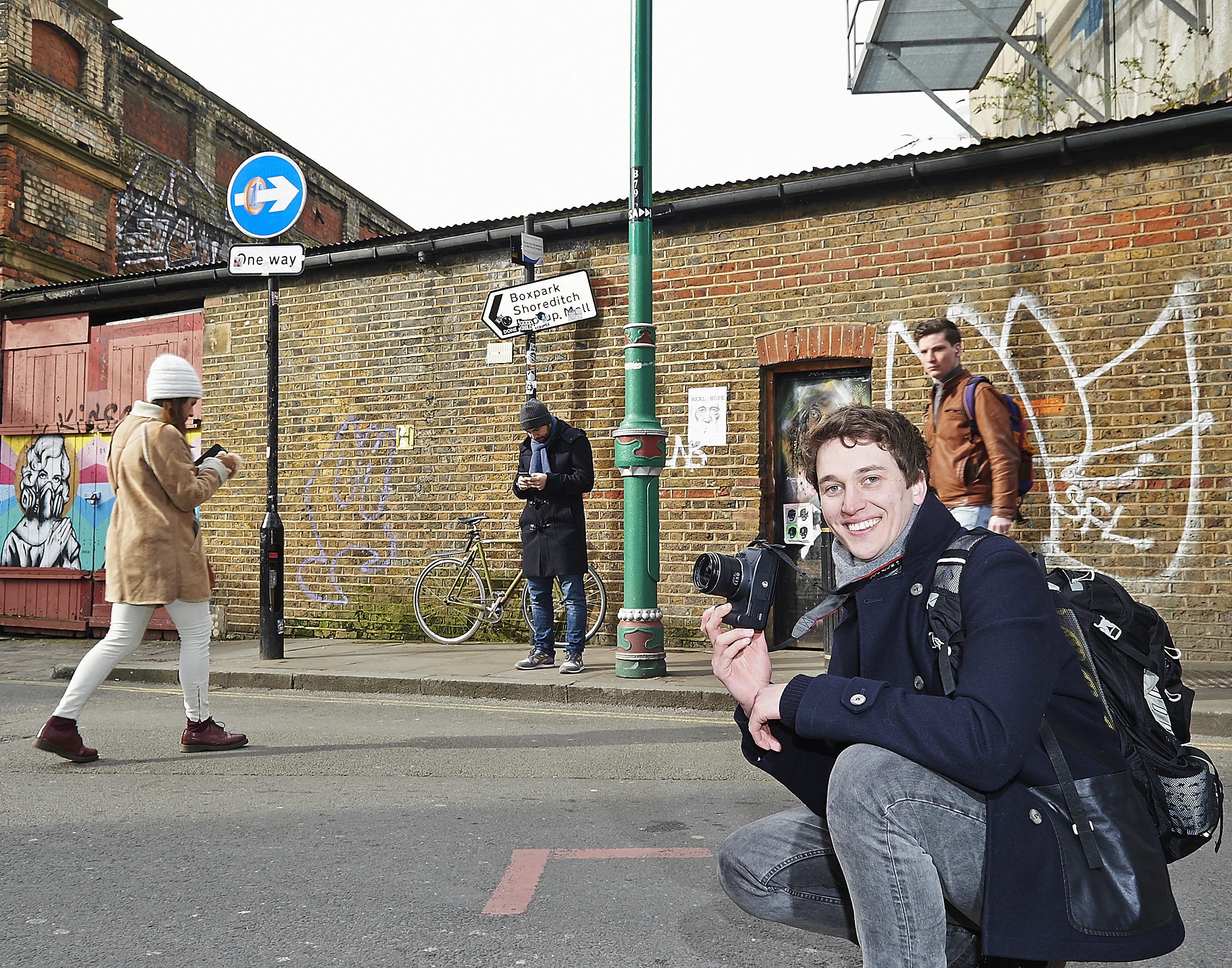 I had great fun with Robbie on Brick Lane, despite the freezing conditions and the crowds! A lot of location/street photography is about patience, and it paid dividends as we got some perfectly placed passers-by. (There's a tongue-twister in there somewhere)