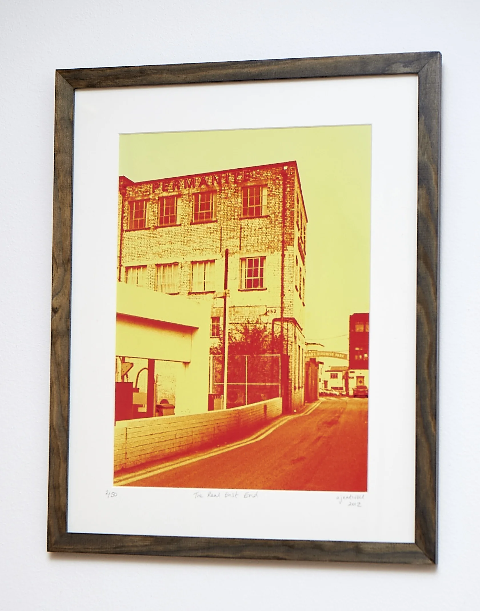 The Real East End Often mistaken for a screenprint, this image was taken a stone's throw from the Olympic Park in a more traditional east-end back street. Cross-processed image on Hahnemuhle German Etching Paper. Frame Size approx 19 x 15.5" COST £40.00