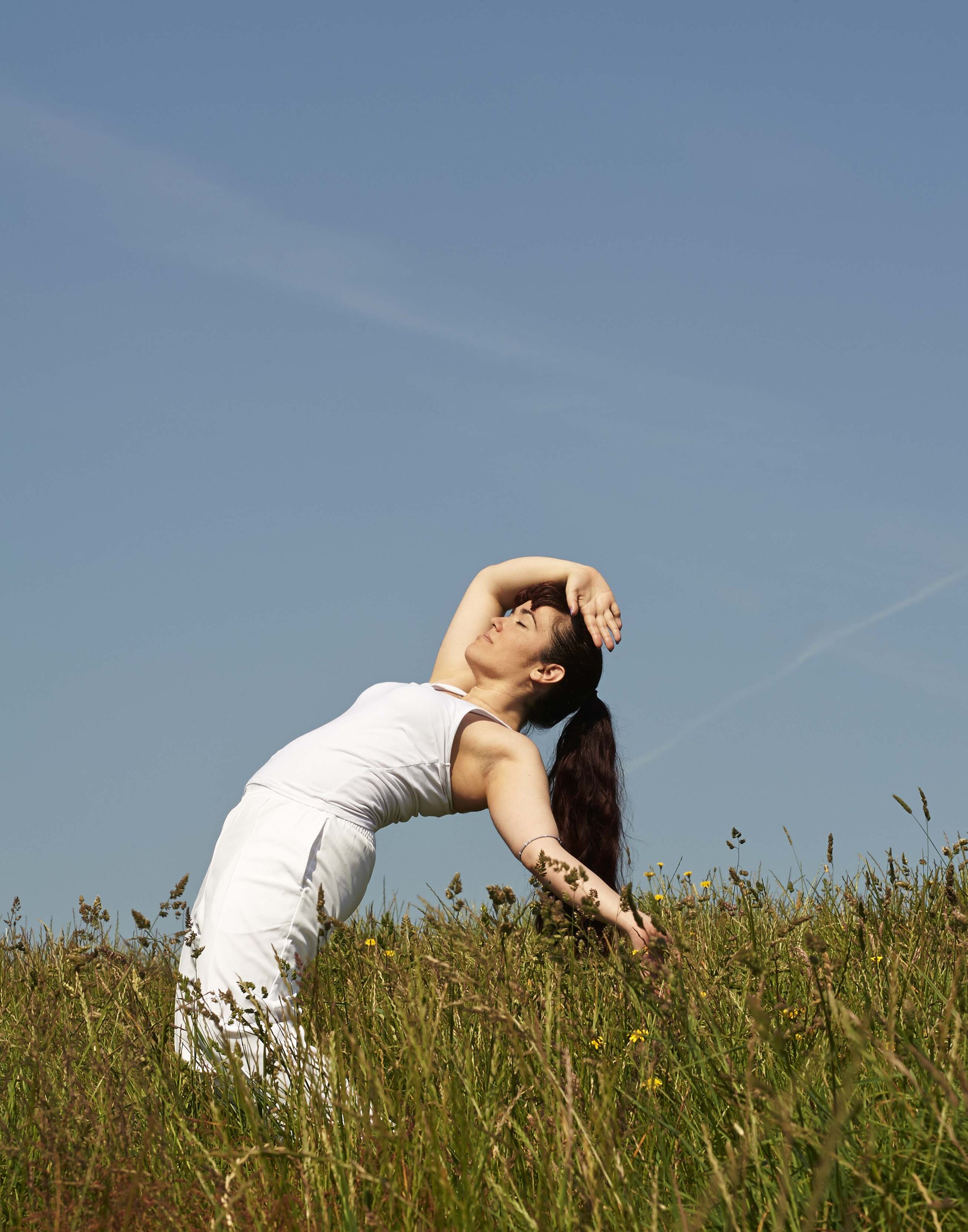 Woman practices Capoeira in a field