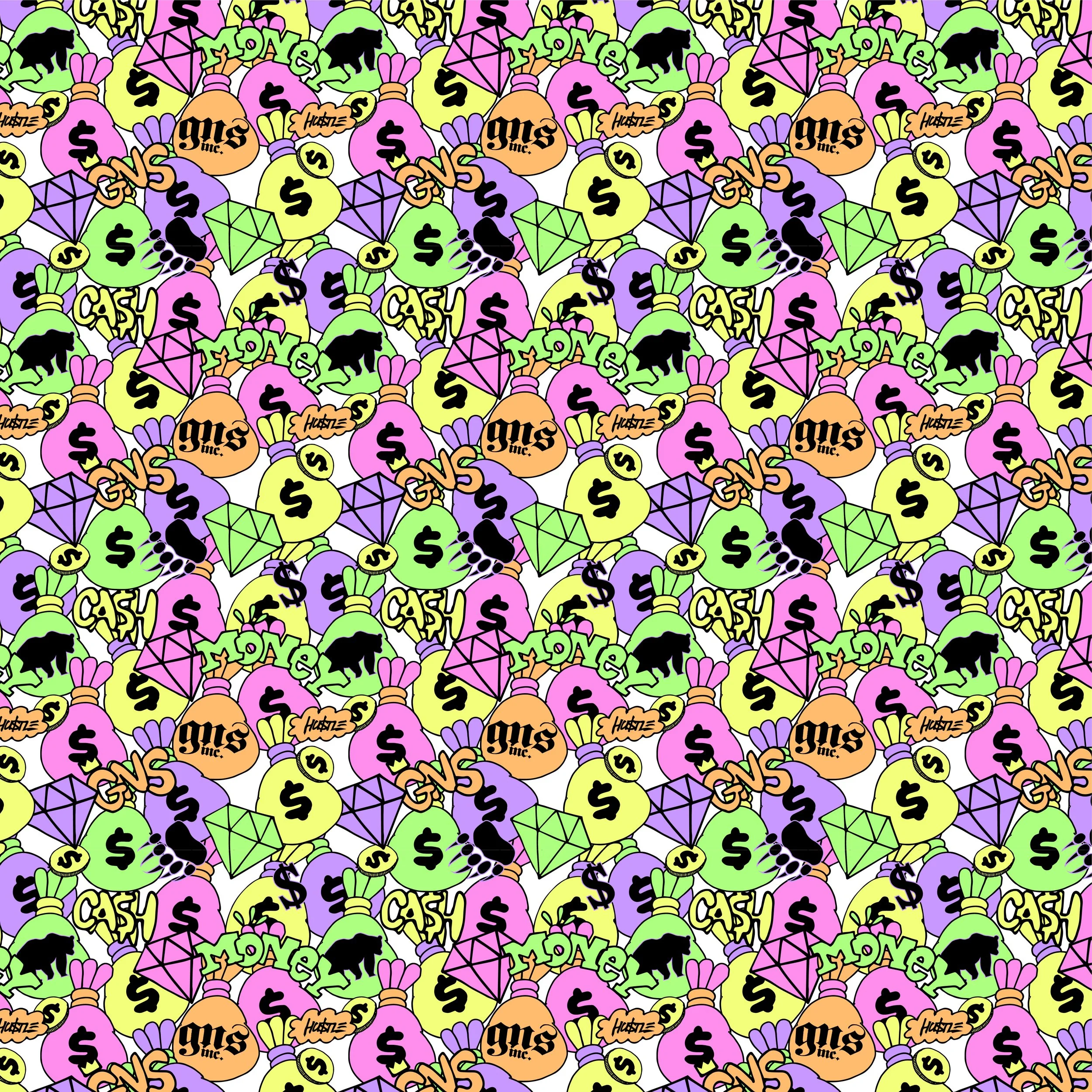 A colorful, repeating pattern featuring cartoon drawings of money bags, dollar signs, diamonds, black cats, and the words "CASH" and "MONEY" in graffiti style.