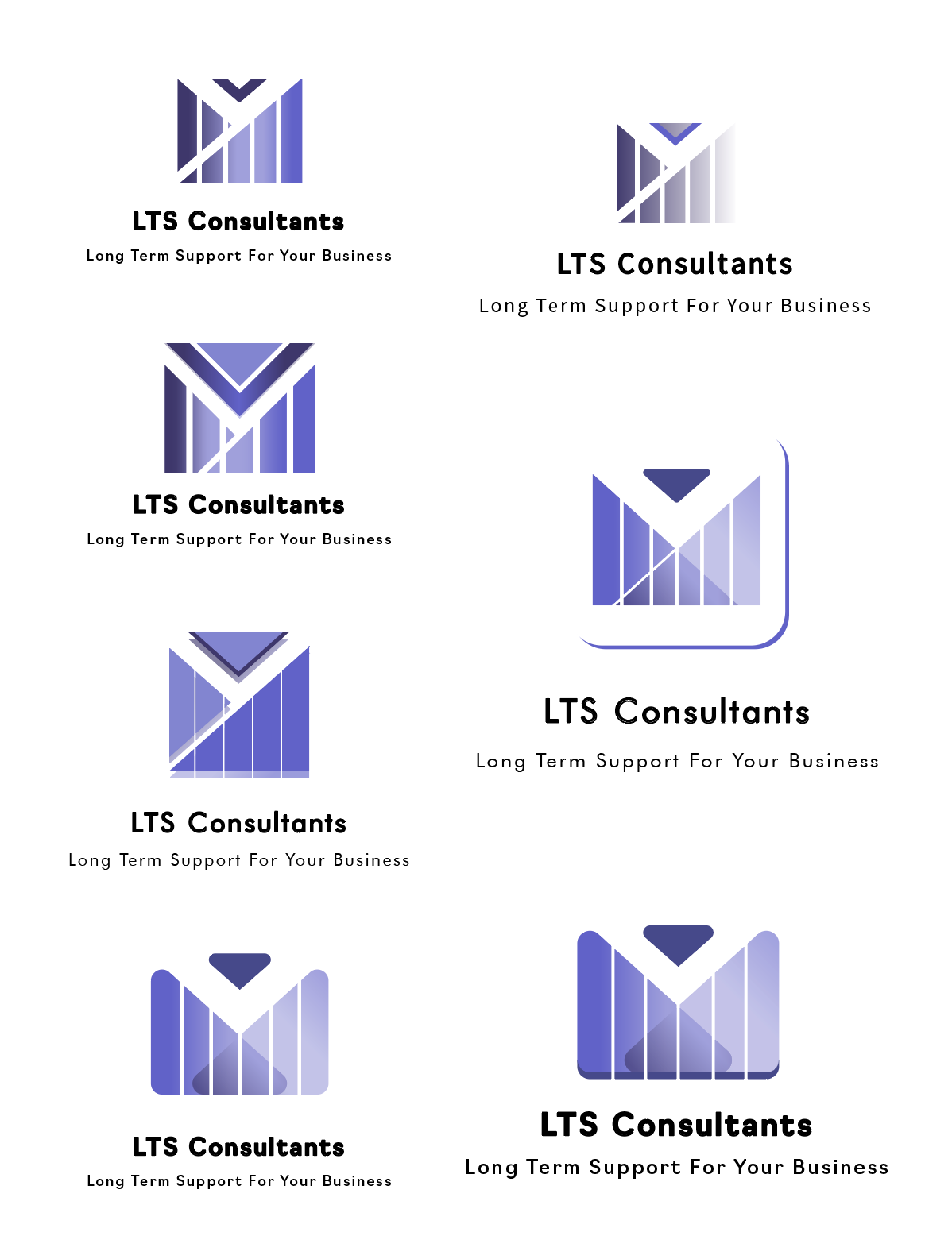 Multiple variations of a business logo for LTS Consultants featuring a stylized bar chart with arrows and a triangle, mostly in shades of blue and violet, along with the company name and the tagline "Long Term Support For Your Business."
