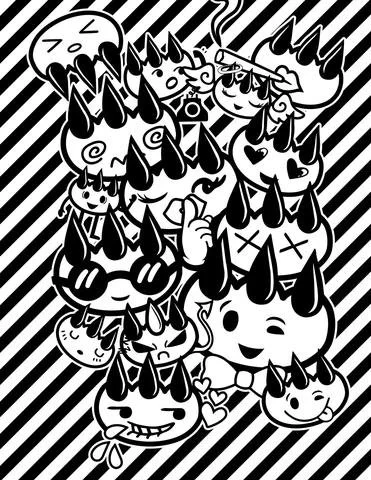 A black and white illustration of multiple cartoon unicorn and cat characters with varying expressions, set against a diagonal striped background.