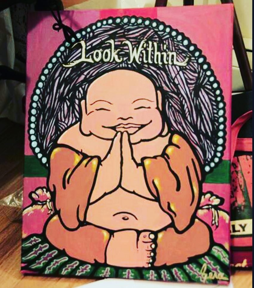 A cartoon-style illustration of a smiling monk with hands in a prayer position, sitting cross-legged. The background features a circular design with beaded details, and the text 'Look Within' is written at the top.