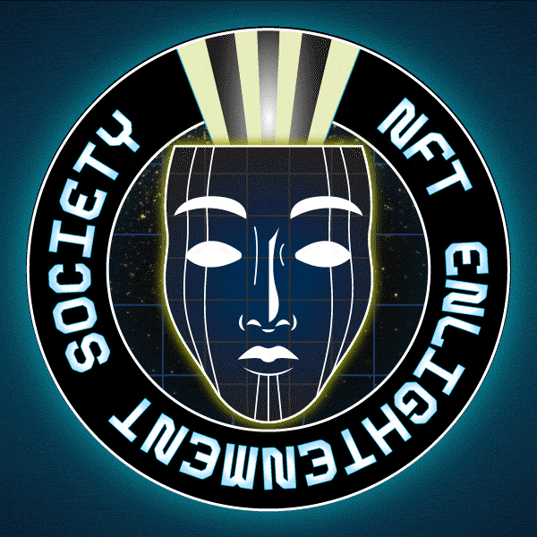 A circular logo with a stylized face in the center, surrounded by text that reads "SERVE THE SOCIETY TO LIGHT EMUIT"; the face has glowing eyes and a grid pattern, with a radiant background.