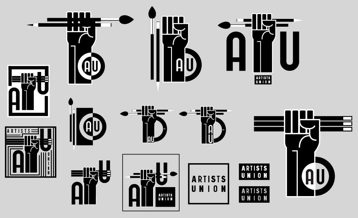 Collection of black and white graphic logos featuring a raised fist holding a paintbrush, with the letters 