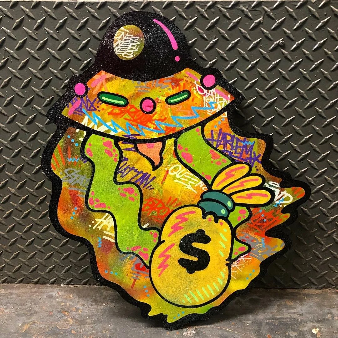 Colorful graffiti artwork of a zombie-like character wearing a black hat and holding a money bag with a dollar sign, artfully placed on a metallic textured background.