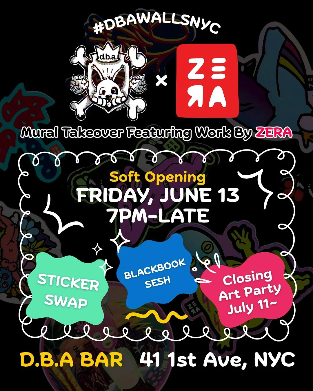 Join us Friday, June 13 launching my ZERA X #dbawallsnyc mural collab with @d.b.a.eastvillage for June to July 🤘🌊💎🌈 We&rsquo;ll be hosting a Sticker Swap &amp; Blackbook + Mini Canvas Session all night from 7PM-Late; All Artists &amp; Friends Wel