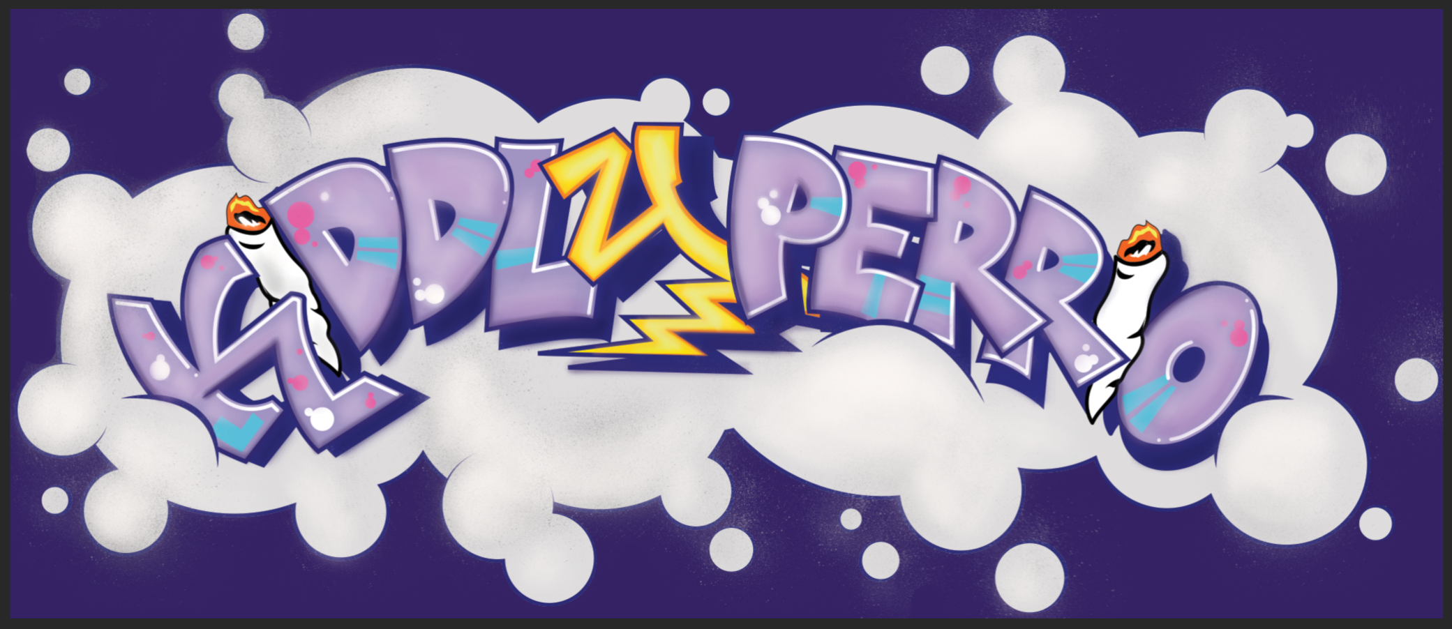 Graffiti-style text spelling 'GADZ' and 'PEER' in purple with blue highlights, surrounded by white clouds and bubbles with a dark purple background.