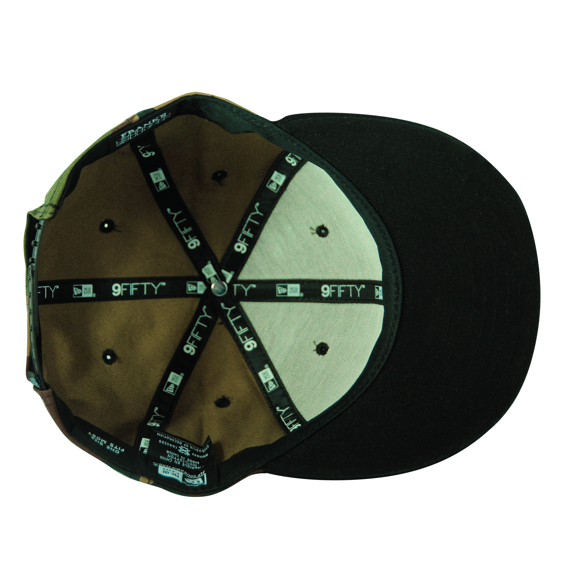 The interior of a black baseball cap showing the inside fabric, stitching, and tags, with the outer brim extending forward.