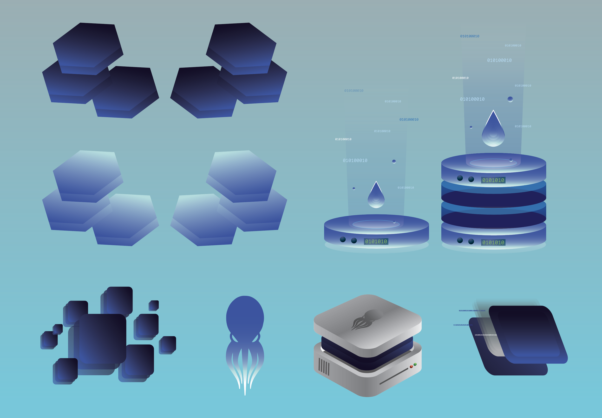 Digital illustration of blockchain technology and cryptocurrency concepts, including stacked coins, binary code, a droplet, a computer chip, and floating hexagons and squares.