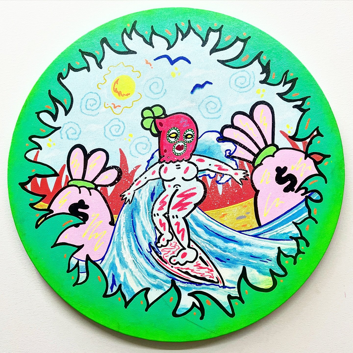 Colorful illustration of a bikini-clad woman with a strawberry head surfing on a wave, surrounded by pink sea creatures, with a bright yellow sun and blue sky with seagulls.