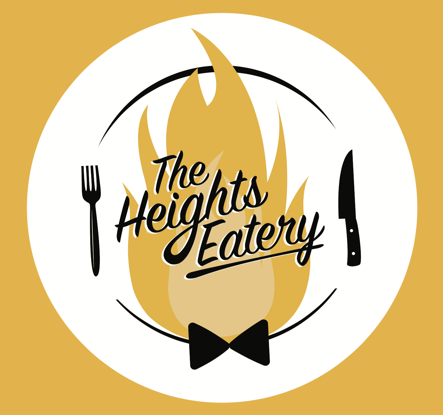 Logo for The Heights Eatery featuring a stylized flame, black fork and knife, black bow tie, and the restaurant's name in black script.
