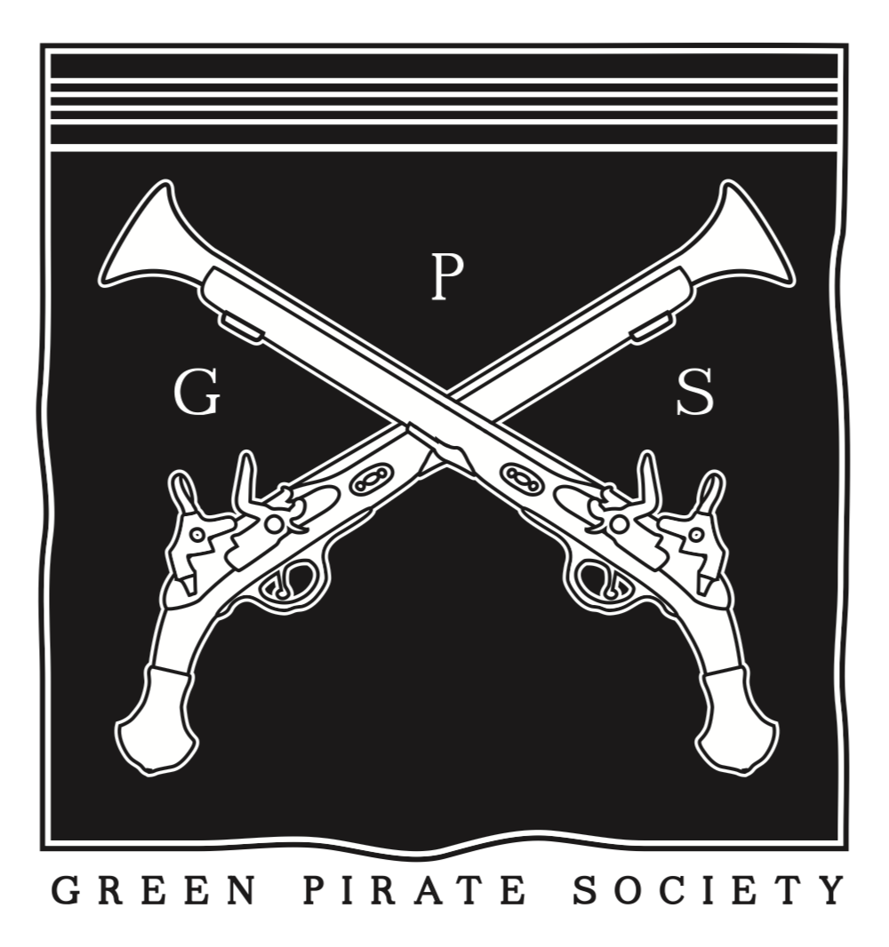A logo of the Green Pirate Society featuring two crossed flintlock pistols on a black background, with the initials G, P, and S, and the organization's name at the bottom.