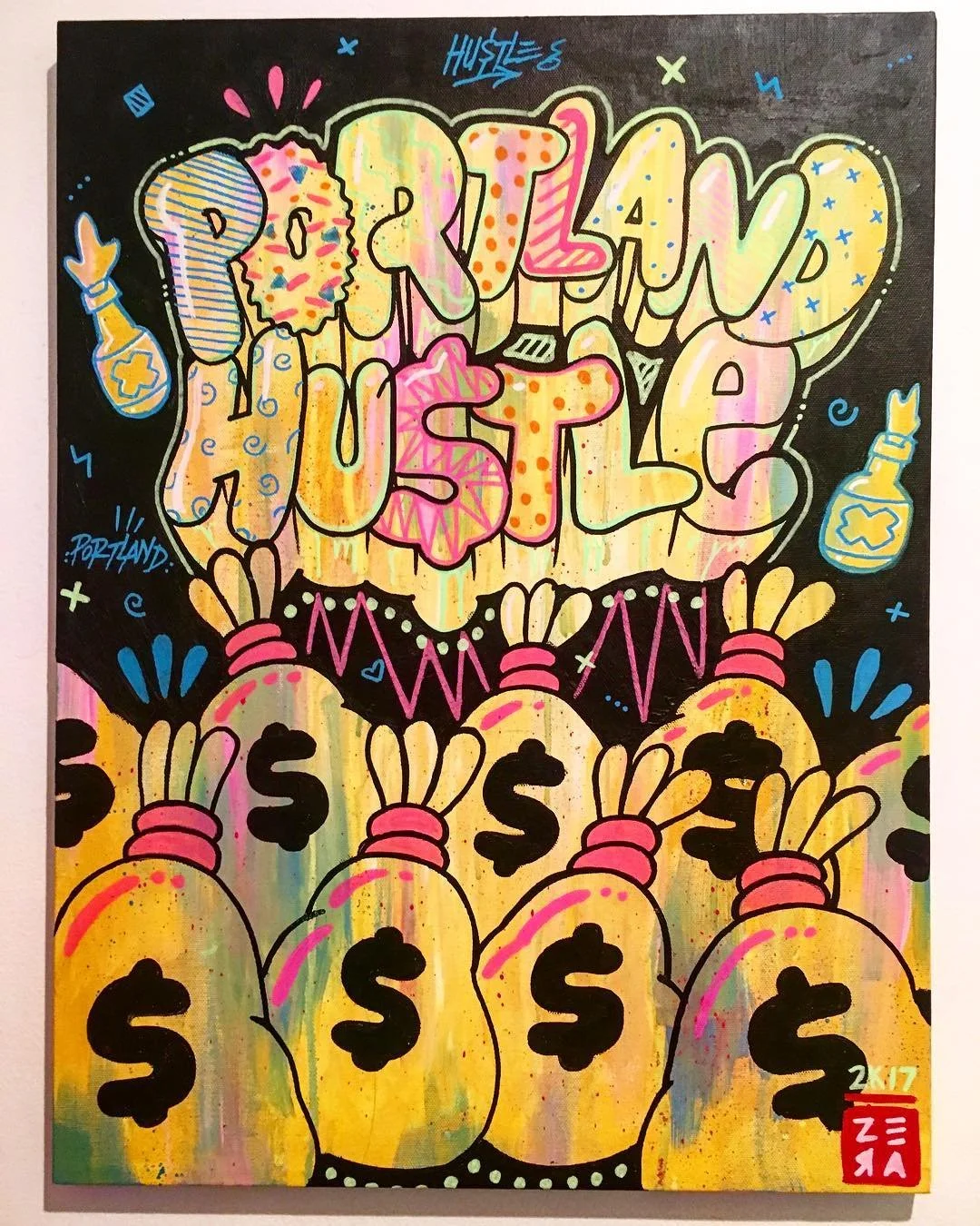 Colorful graffiti-style artwork with the phrase 'Fresh Hustle' in large bubble letters, surrounded by money bags with dollar signs, spray bottles, and decorative elements in bright pink, yellow, blue, and black.