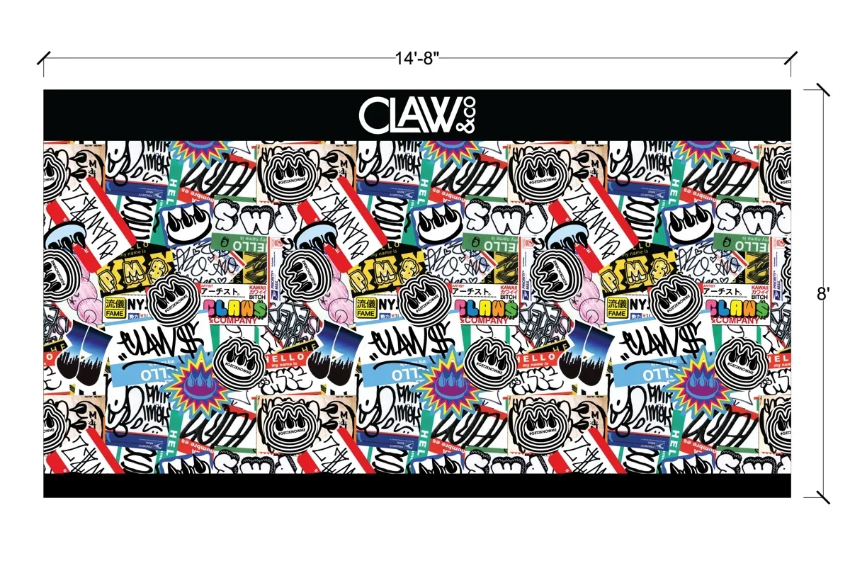 Pattern of colorful graffiti-inspired stickers and graphics with the brand name 'CLAW & CO' at the top, featuring skulls, fists, speech bubbles, and comic book style explosions.