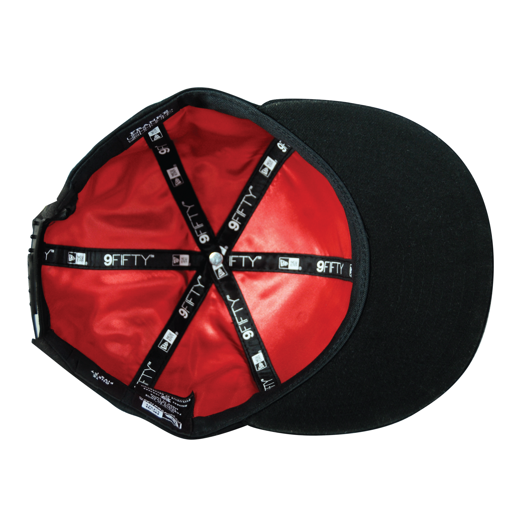 An open black baseball cap showing its red interior with a black band labeled '9FIFTY' and 'New Era' logos.