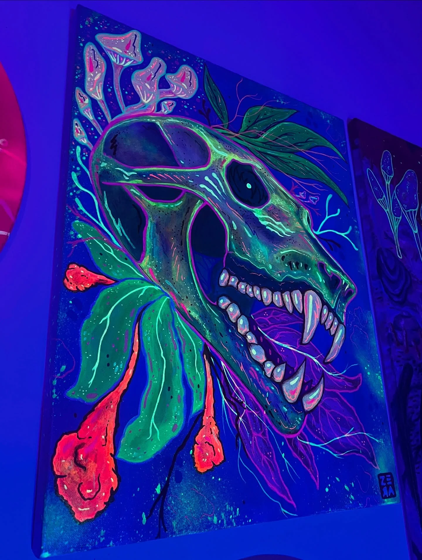 Neon dinosaur skull — blacklight reactive art by ZERA