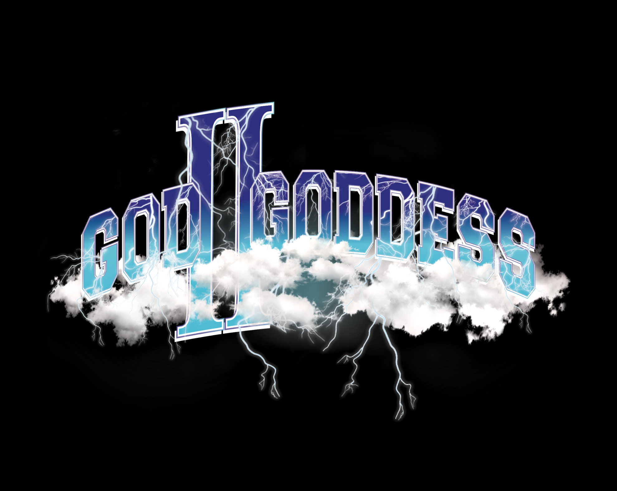 The words 'Gods of Goddness' in stylized, lightning-themed text above a cloud with lightning bolts against a black background.