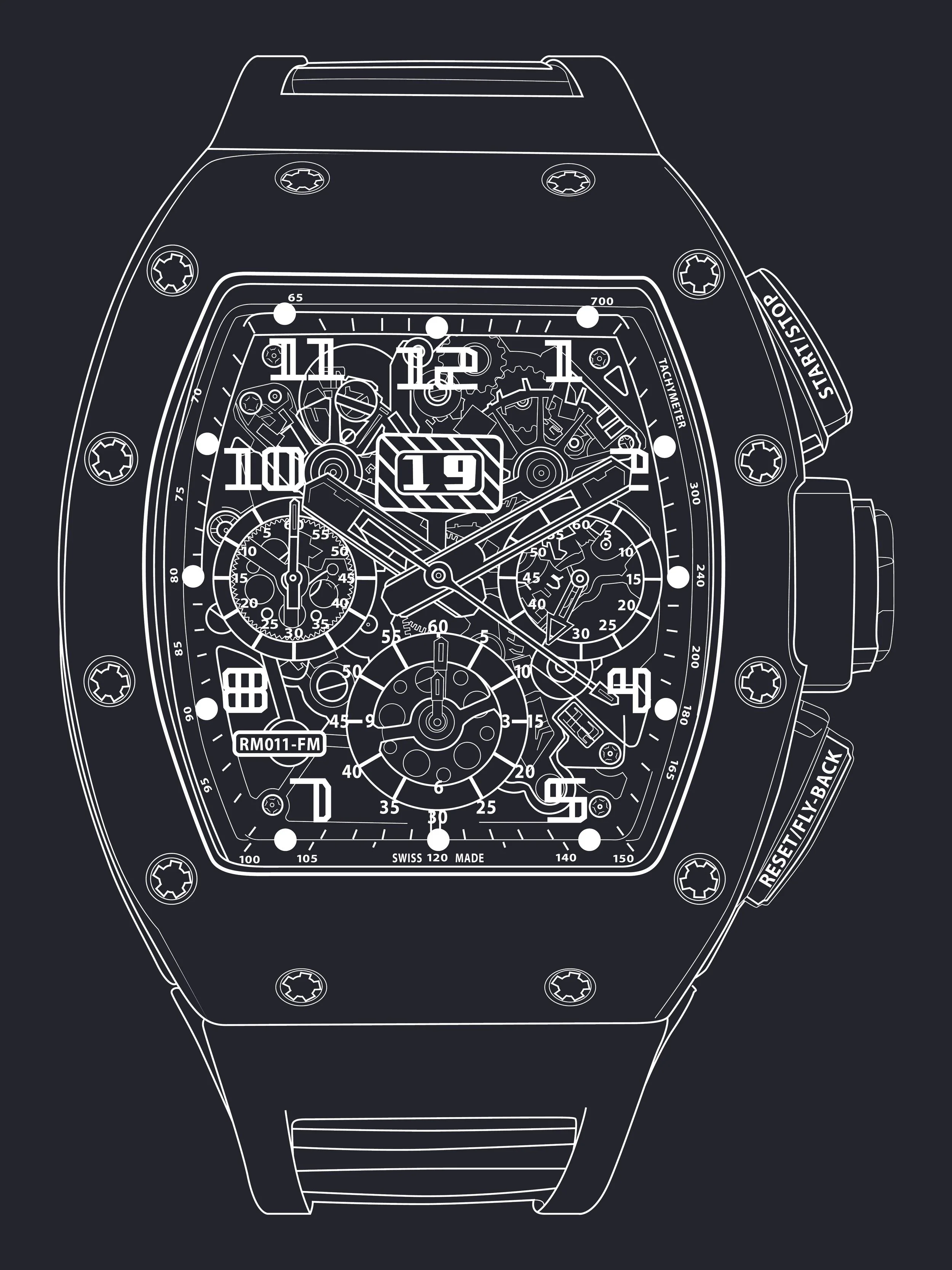 Outline drawing of a luxury watch with multiple dials and buttons, intricate internal mechanism details, and labels such as 'START/STOP' and 'RESET/FLY-BACK' on the side.