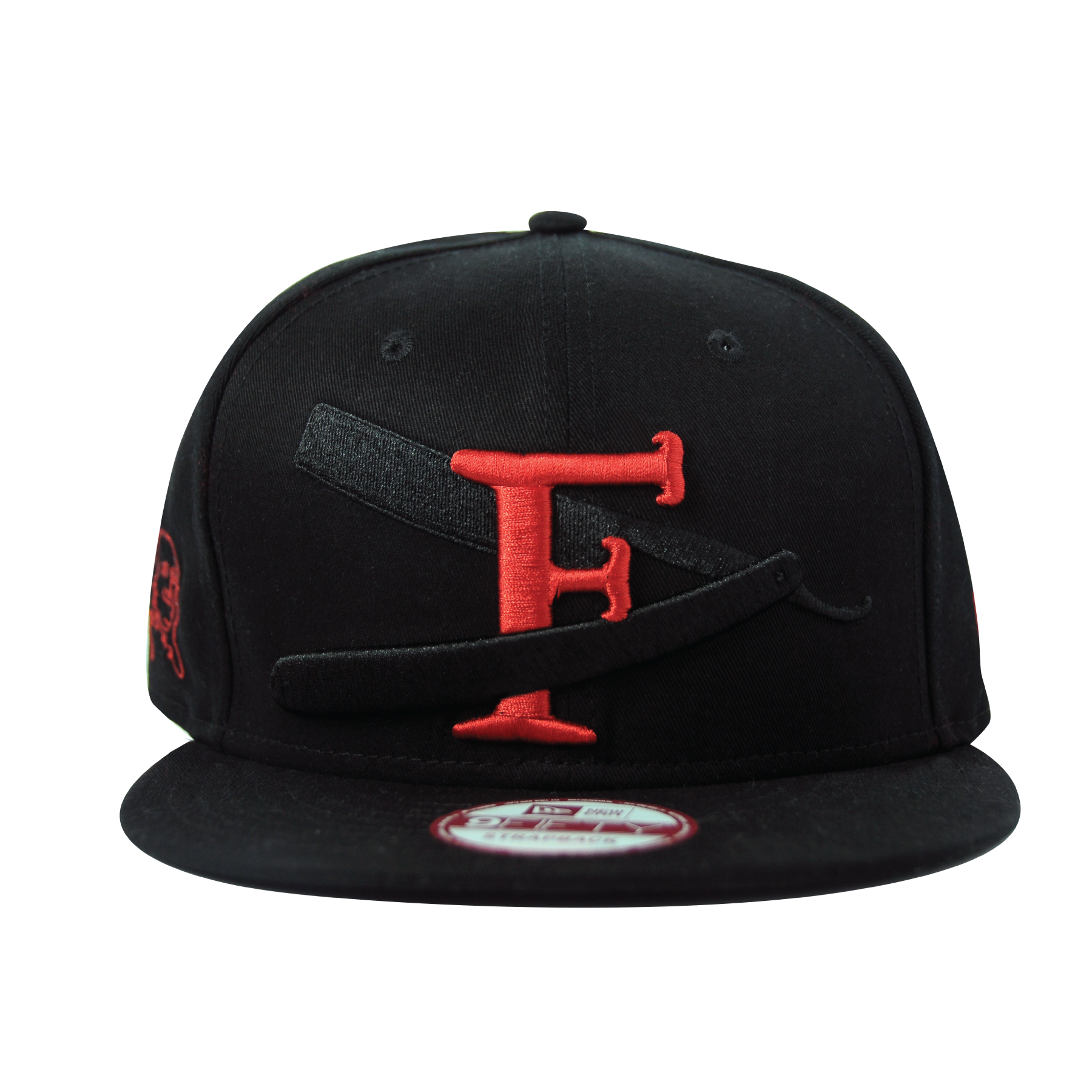 Black baseball cap with red embroidered 'F' logo and black brim.