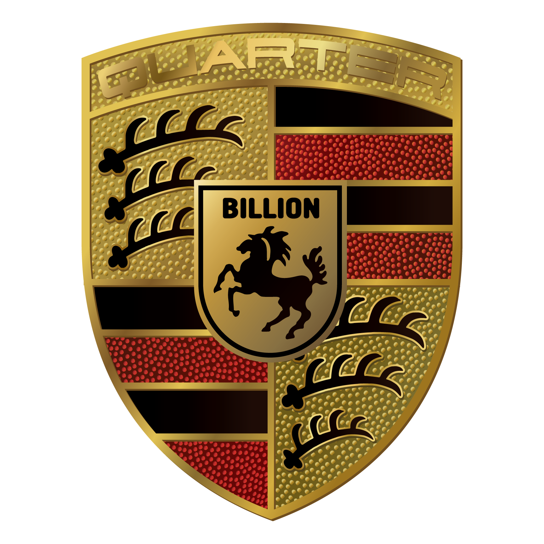 Porsche crest with a gold shield, black, red, and gold stripes, and a prancing black horse with 'Billion' above it.