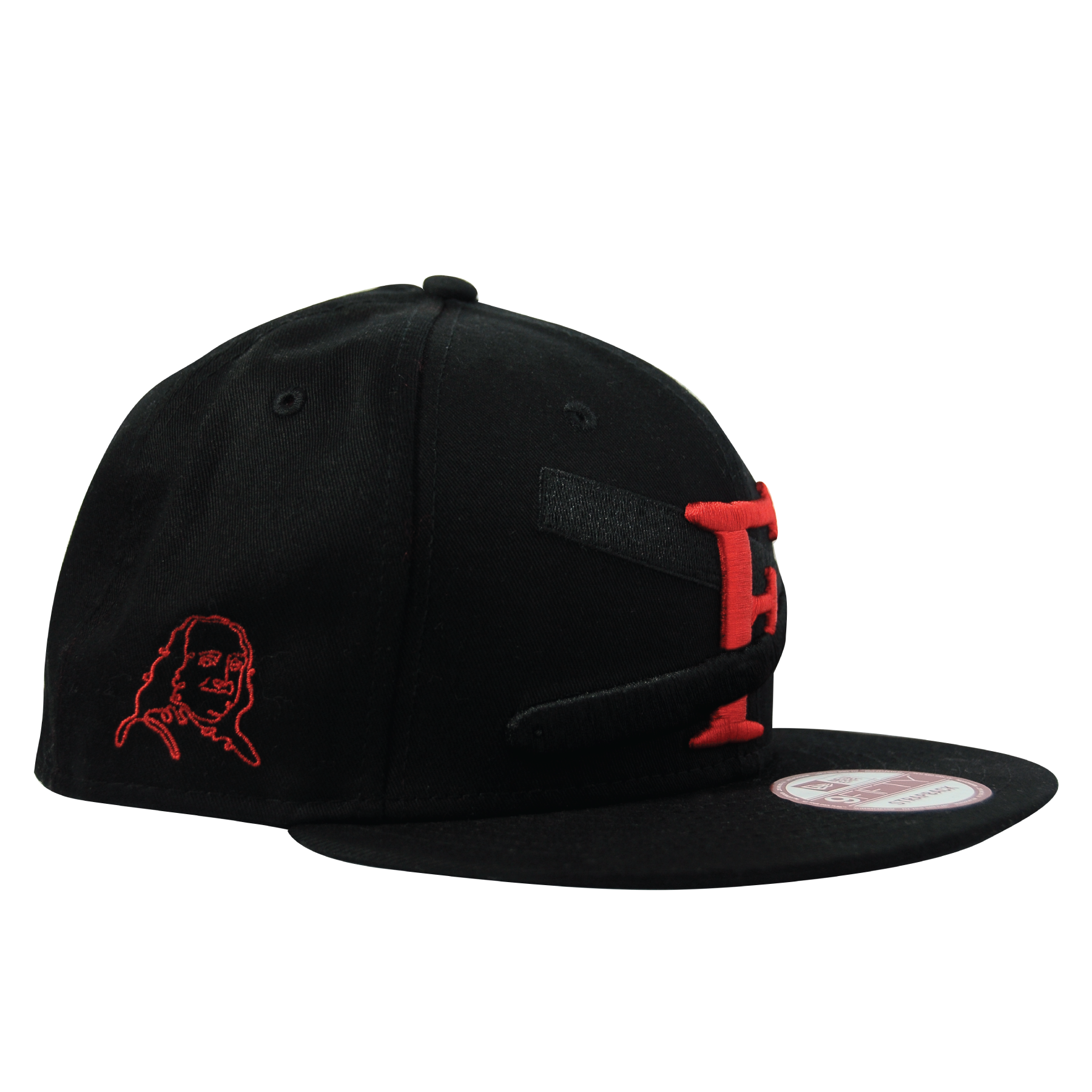 Black baseball cap with red embroidered woman's face on the side and red and black patch on the front.