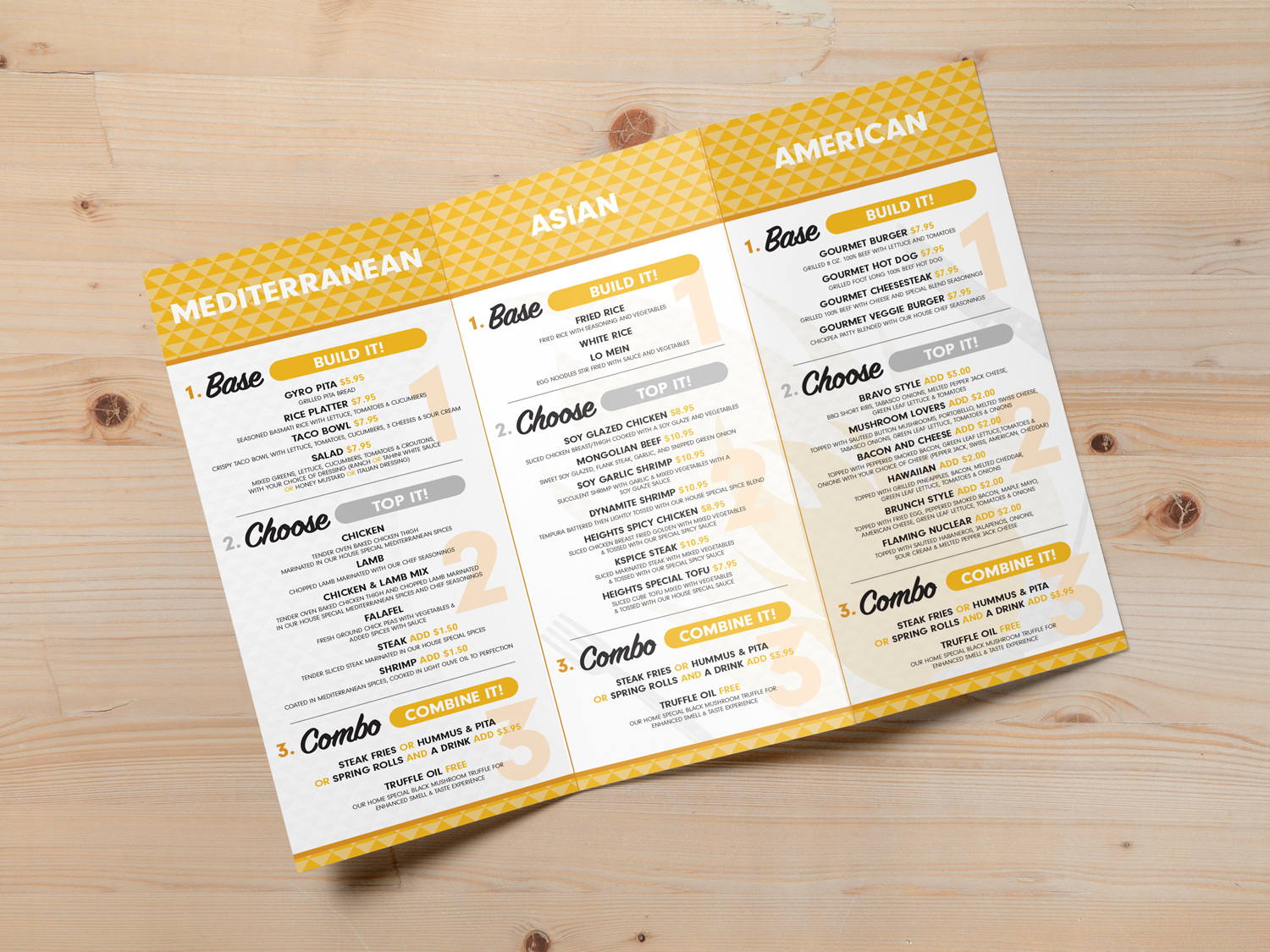 Menu with Mediterranean, Asian, and American cuisine options on a wooden surface.